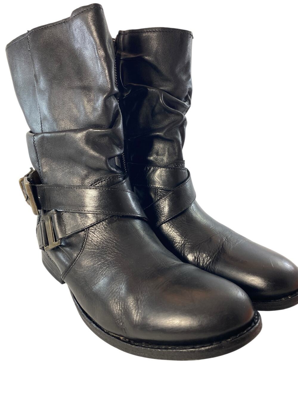 BED STU Black Leather Slouchy Moto Biker Boots Side Buckle Gorp Indie Size 8